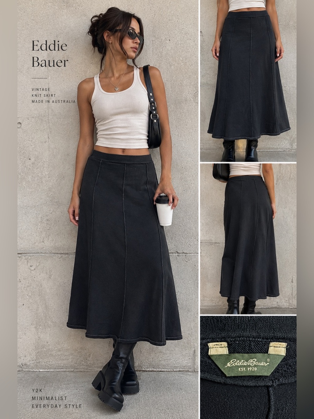 Vintage Eddie Bauer Black Knit Midi Skirt M Exposed Seam A-Line Australia